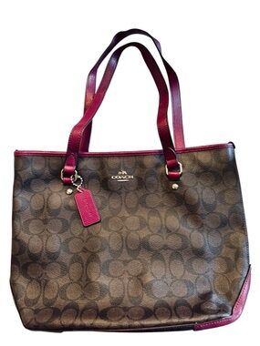 Coach Signature Tote Bag + Matching Wallet Brown Pink Trim Zip Top Set